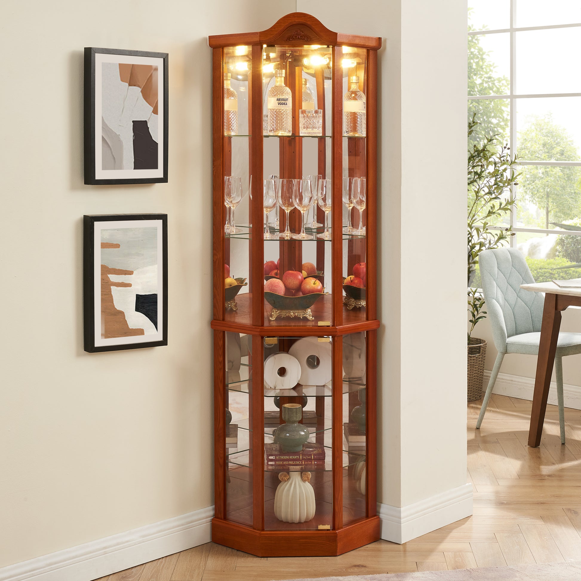 Glass Cabinet Lighted Corner Cabinet Corner Display Curio Cabinet, Glass Display With Light Included Bar Cabinet,Wine Cabinet With Adjustable Glass Shelves Carved Decoration Oak Light Included Oak Mdf Glass