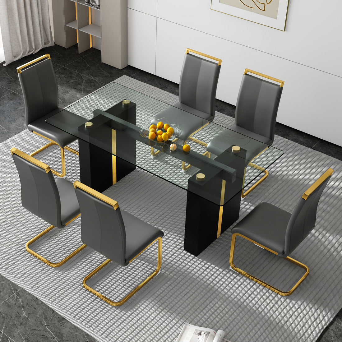 Table And Chair Set, Large Modern Minimalist Rectangular Glass Table, Can Accommodate 6 8 People, Equipped With Tempered Glass Tabletop And Large Mdf Table Legs, Comfortable And Minimalist Chairs. Transparent Glass