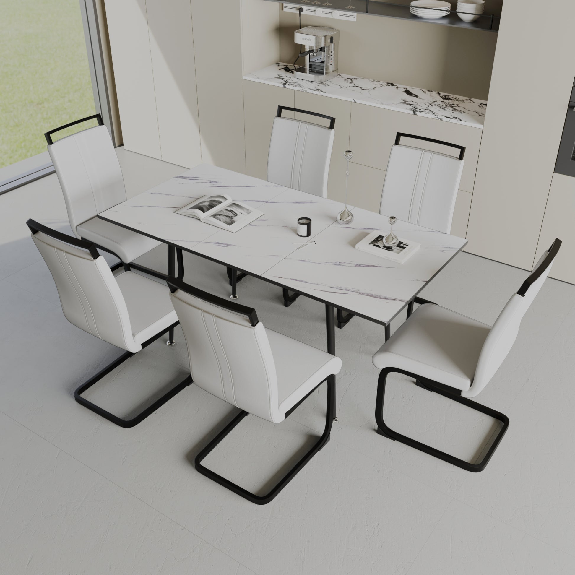 An Expandable Dining Table Set For 2 6 People, Equipped With A C Shaped Tubular Cushioned Armless Dining Chair And An Elegant And Spacious Dining Table Kitchen Table And Chair Set, With Metal Legs White Mdf