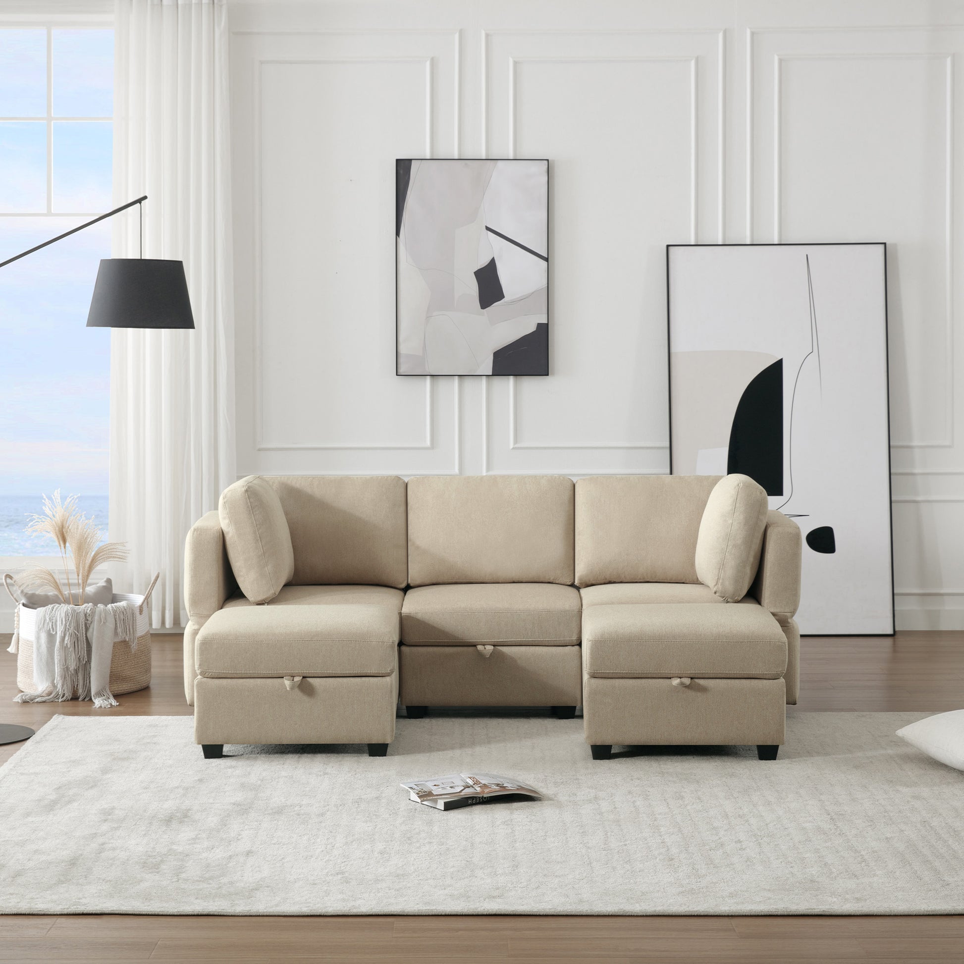 Reversible Sectional Sofa Modern Modular Sectional Couch With Chaise U Shaped Corner Sectional 5 Seater Modular Sofa With Storage Seats, Adjustable Arms And Backs Beige Beige Polyester 3 Seat