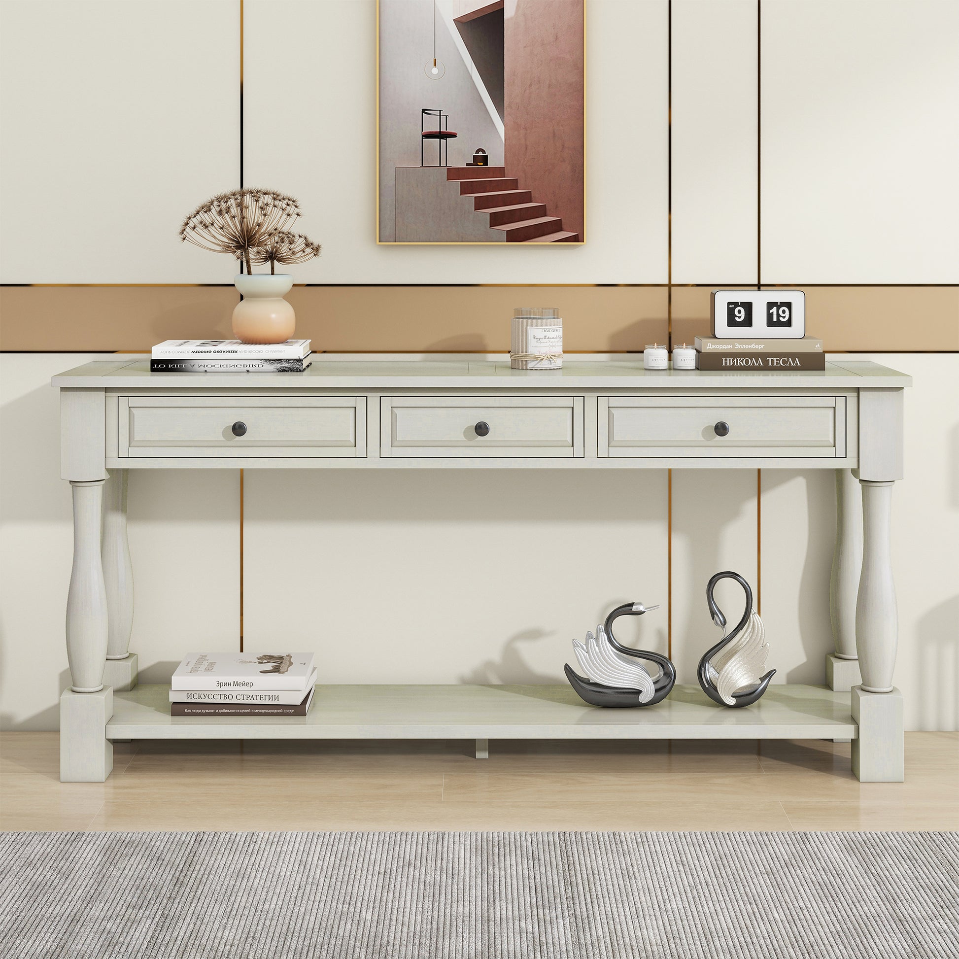 Console Table 63" Long Console Table With Drawers And Shelf For Entryway, Hallway, Living Room Antique White, Old Sku: Wf193795Aak Antique White Solid Wood