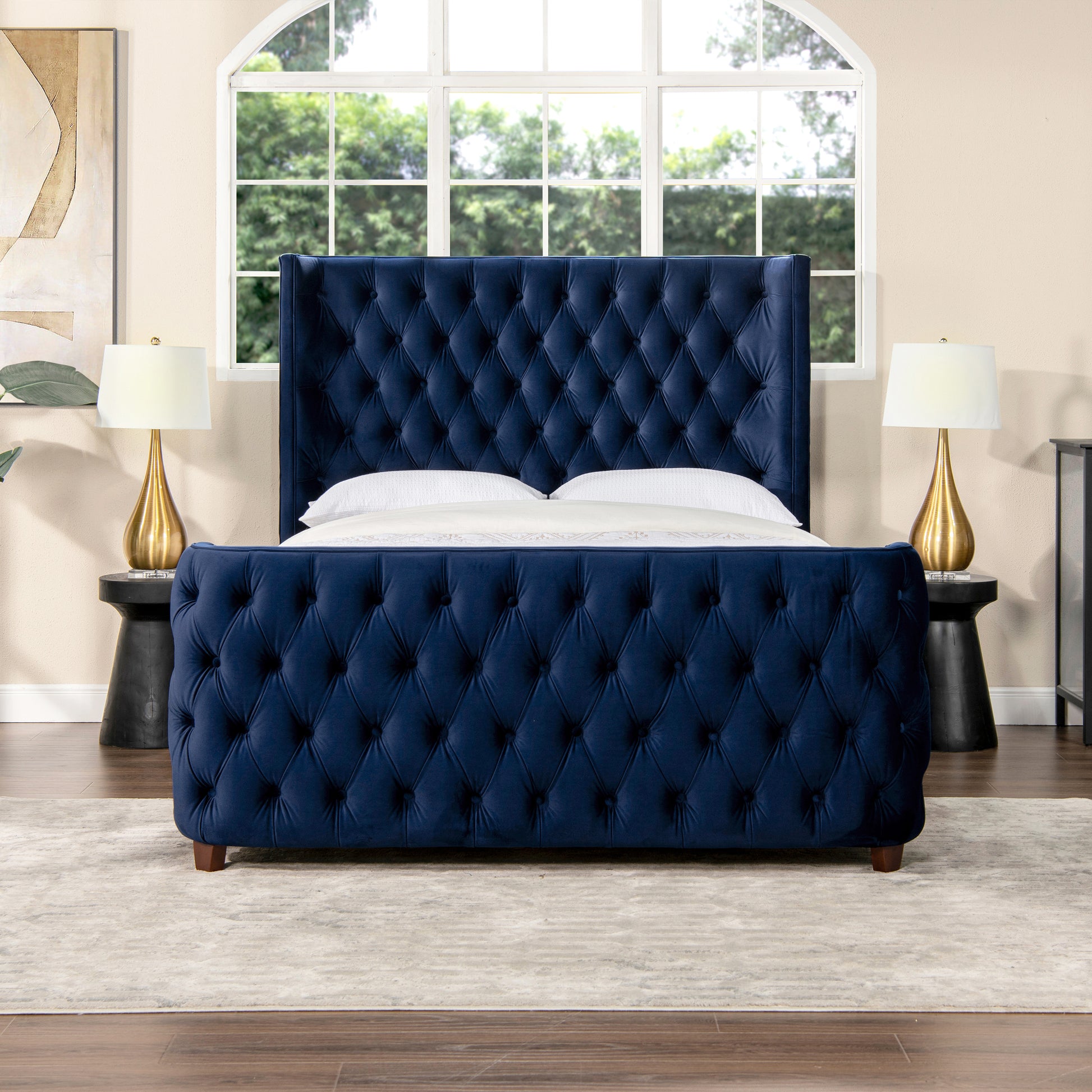 Brooklyn Queen Tufted Panel Bed Headboard And Footboard Set, Navy Blue Velvet Box Spring Required Queen Navy Blue Wood Foam Velvet Velvet