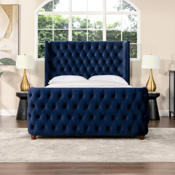 Brooklyn Queen Tufted Panel Bed Headboard And Footboard Set, Navy Blue Velvet Box Spring Required Queen Navy Blue Wood Foam Velvet Velvet