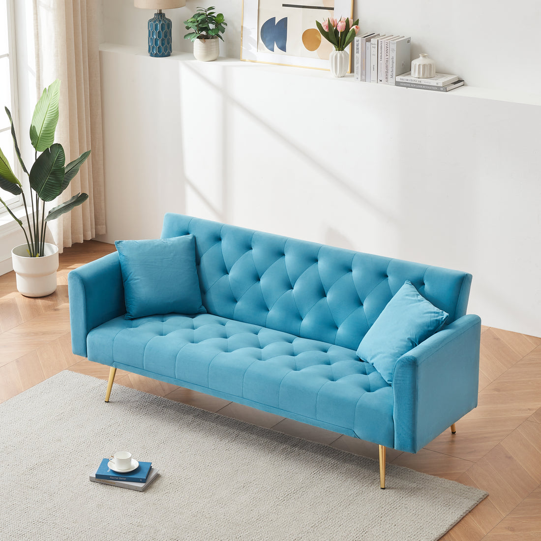 71 Inch Convertibleseat Sofa, American Retro, Light Blue Velvet, Suitable For Small Living Room, Bedroom, Office Light Blue Velvet 2 Seat