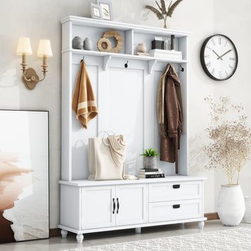 Modern Style Hall Tree With Storage Cabinet And 2 Large Drawers, Widen Mudroom Bench With 5 Coat Hooks, White White Primary Living Space Particle Board