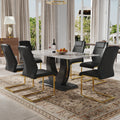 Table And Chair Set, Modern Dining Table, Patterned Table Top And Black Mdf Table Leg, Soft And Comfortable Dining Chair, Perfect For Dinner, Meetings, Home And Office Decor Black Mdf Glass