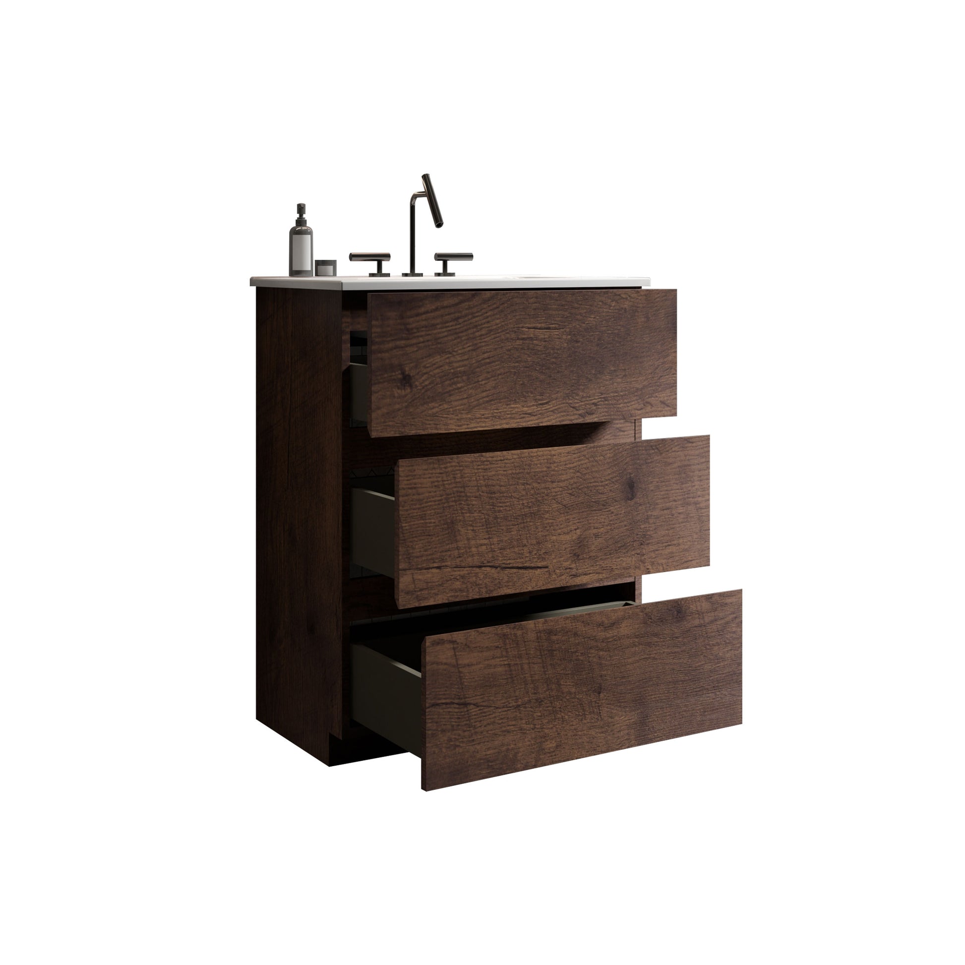 Tia 24" Walnut Bathroom Vanity With Sink With 3 Faucet Holes, Large Storage Freestanding Bathroom Vanity For Modern Bathroom, One Piece White Sink Basin Without Drain And Faucet, Pre Assembled White