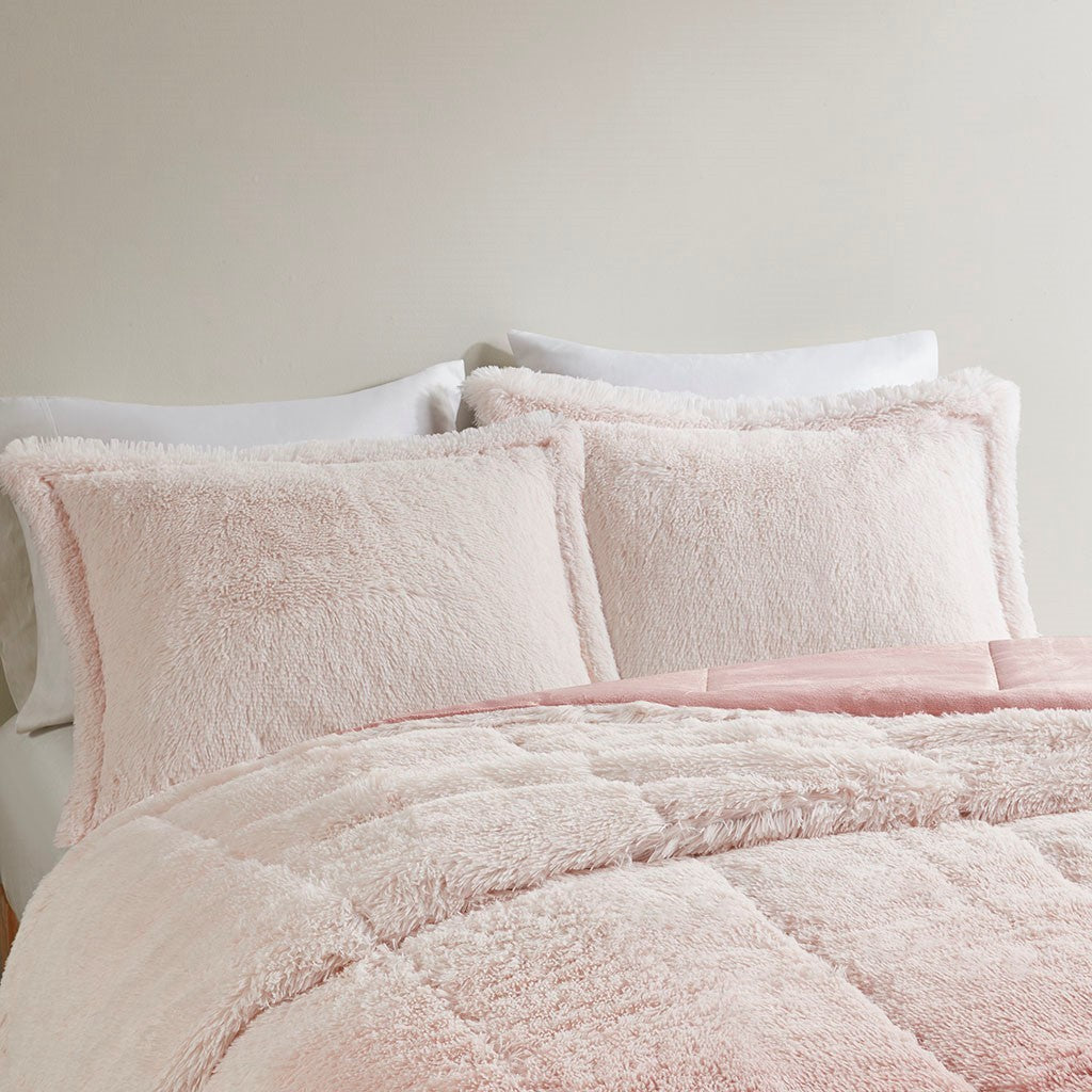 Ombre Shaggy Long Fur Comforter Mini Set Queen Blush Polyester