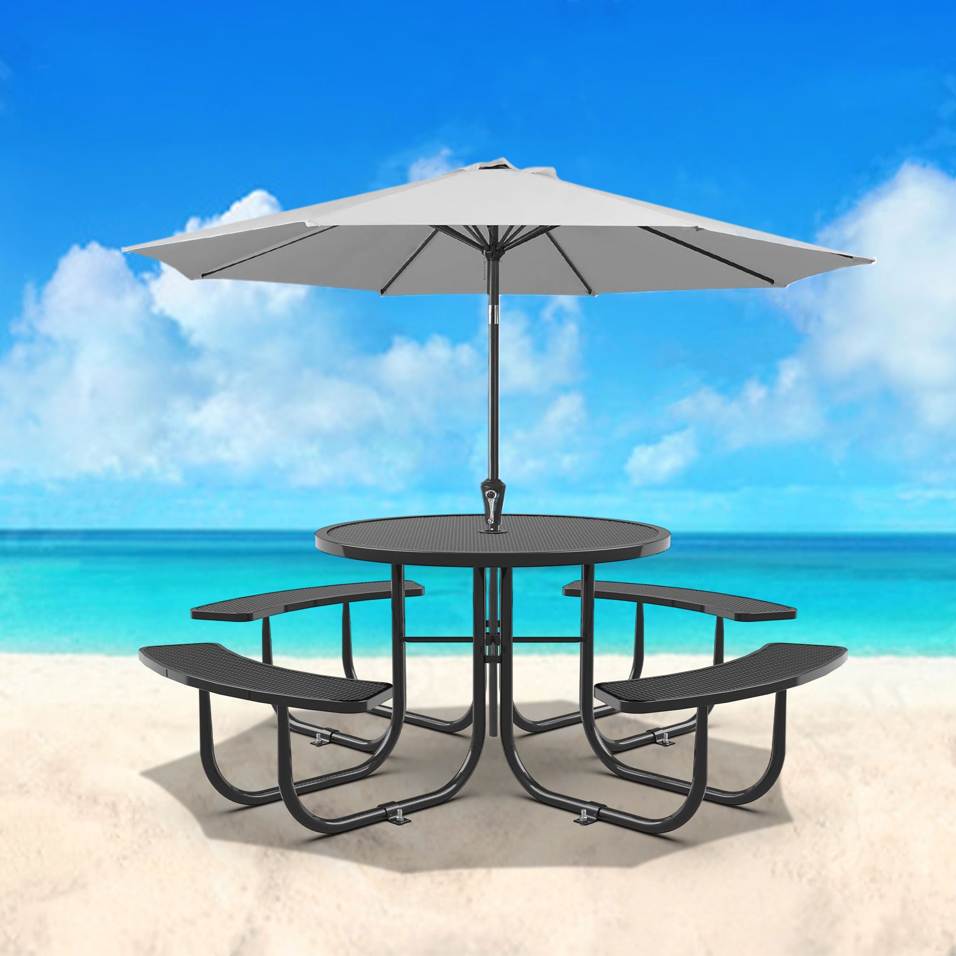 Round Outdoor Steel Picnic Table 46" With Umbrella Pole,Black Black Steel Steel