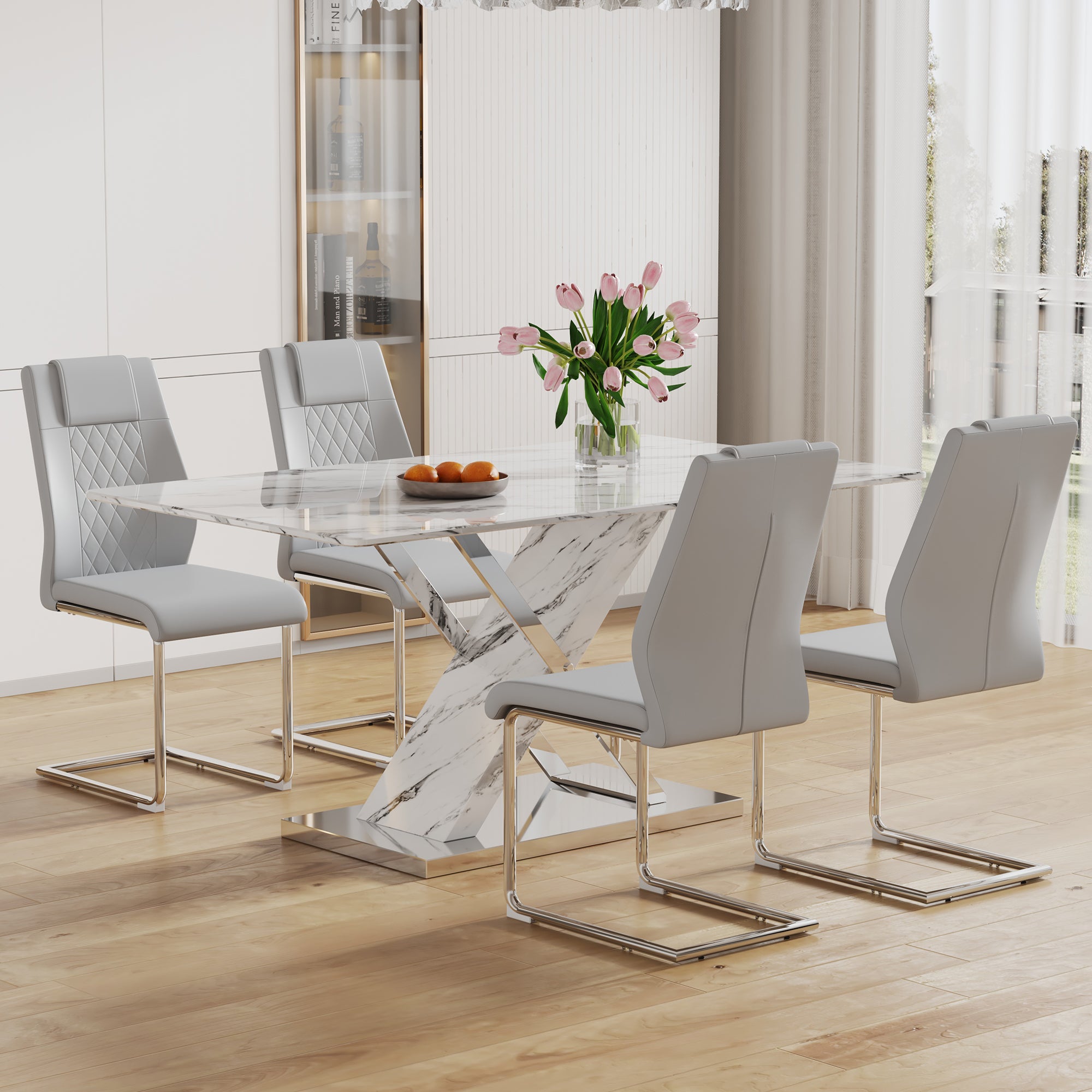 Table And Chair Set, Modern Dining Table, Imitation Marble White Top And Silver Legs, Soft And Comfortable Dining Chair, Perfect For Dinner, Meetings, Home And Office Decor Grey Silver Glass Metal