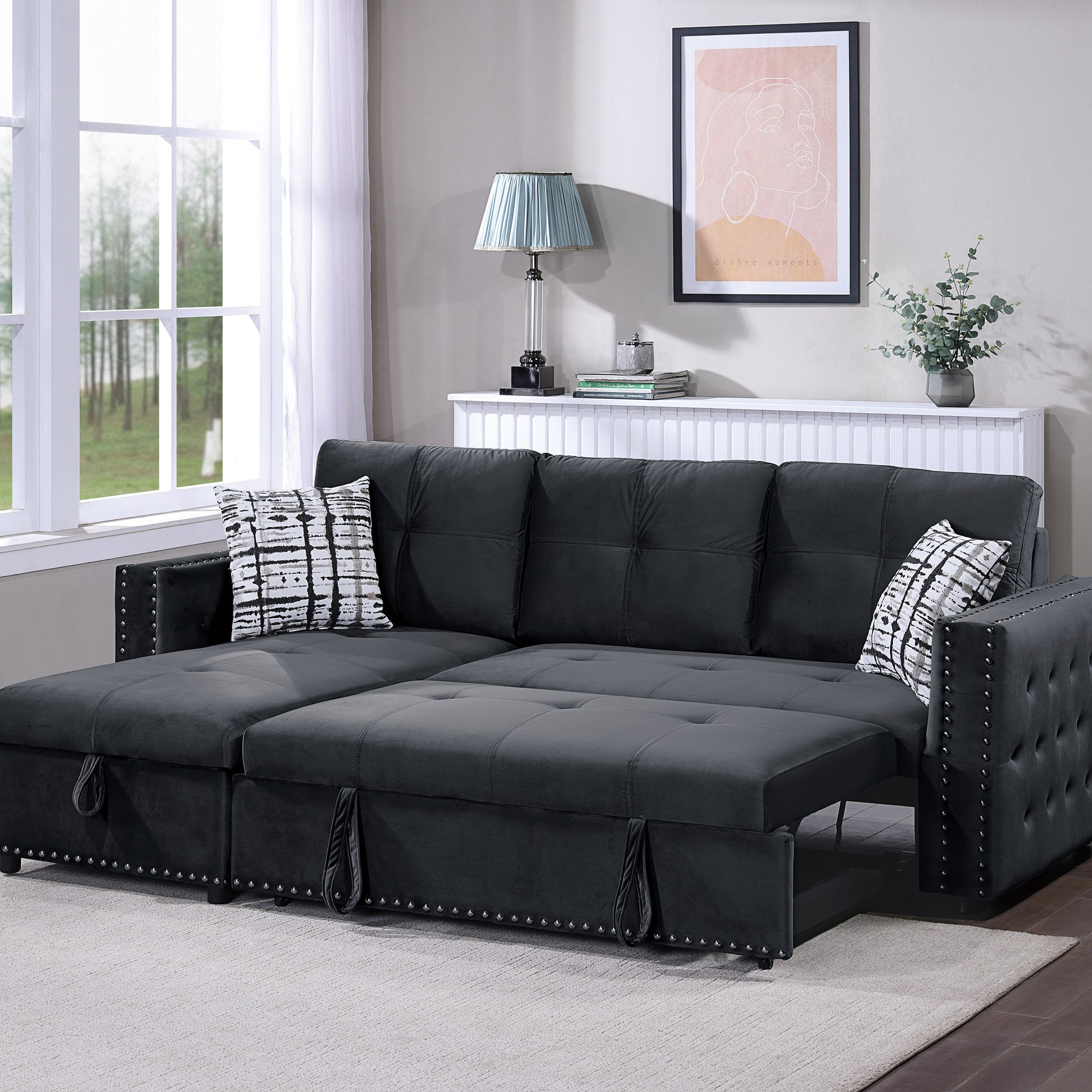 Black Velvet Convertible Sectional Sofa Pull Out Bed Couch Storage Chaise Tufted Reversible 2Pc Sectional Living Room Black Primary Living Space Tufted Back Contemporary,Modern L Shaped Square Arms Velvet 4 Seat