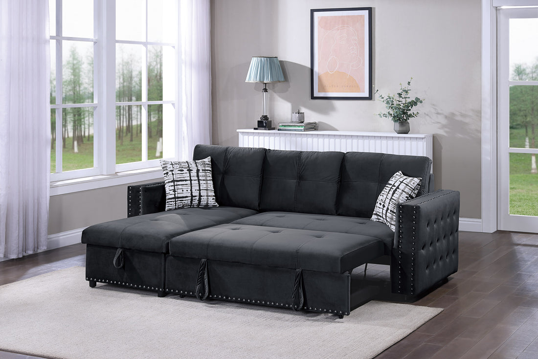 Black Velvet Convertible Sectional Sofa Pull Out Bed Couch Storage Chaise Tufted Reversible 2Pc Sectional Living Room Black Primary Living Space Tufted Back Contemporary,Modern L Shaped Square Arms Velvet 4 Seat