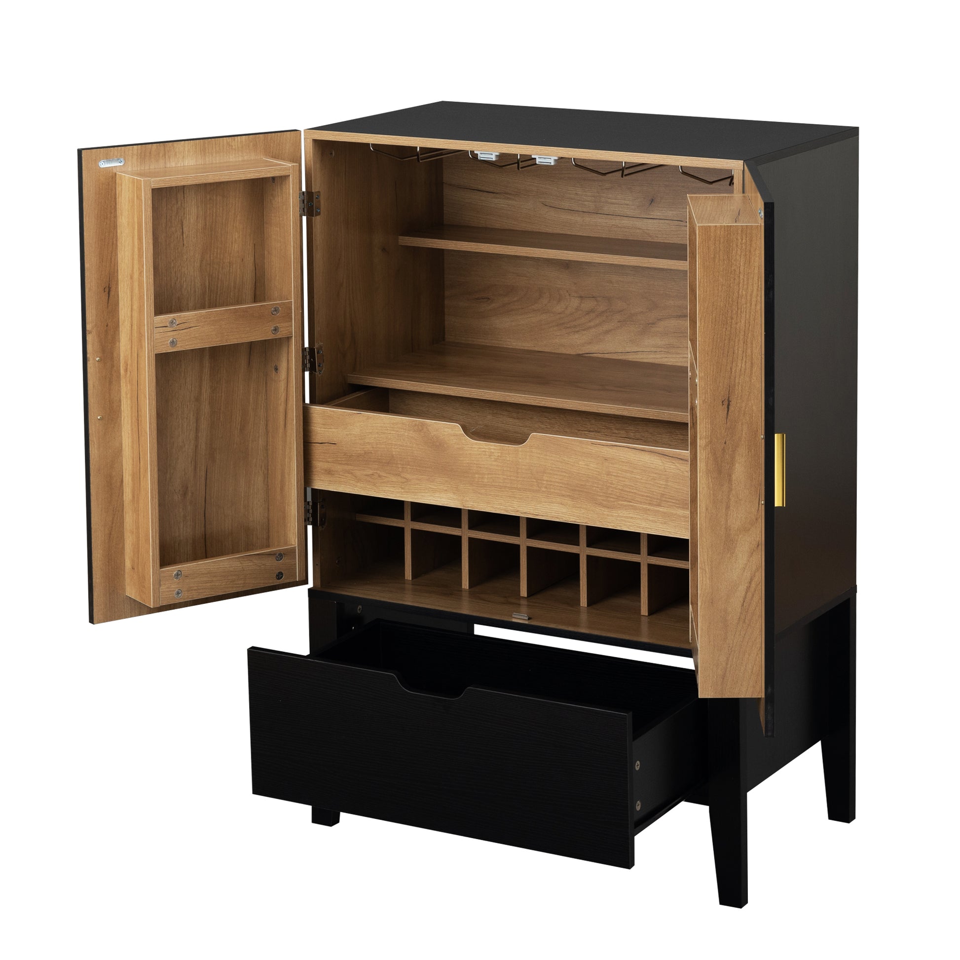 Lockers,Side Cabinets,Wine Bar Cabinet,Liquor Storage Credenza,Sideboard With Wine Racks & Stemware Holder,Wine Glass Holder,Metal Handle, Placed In Family Bars,Hallways,Living Rooms,Color:Black Brown 5 Or More Spaces Black Brown Primary Living Space