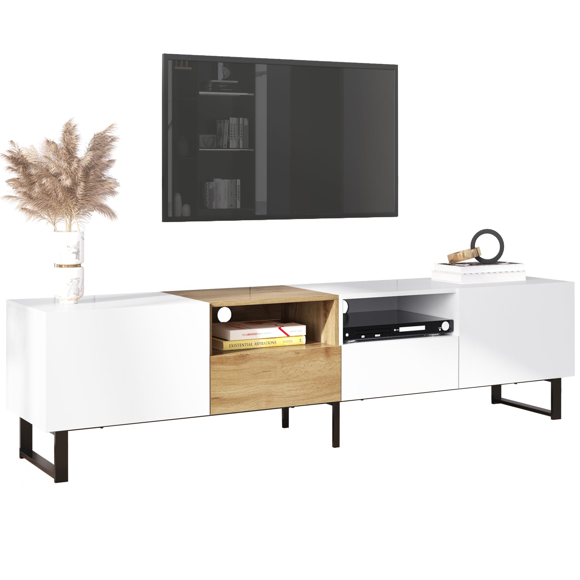 Modern Tv Stand With 2 Cabinets& Open Storage Compartment, Color Matching Media Console Table For Tvs Up To 85'', Entertainment Center With Drop Down Door For Living Room, Bedroom, Home Theatre Wood Brown Primary Living Space 70 79 Inches 90 Inches Or