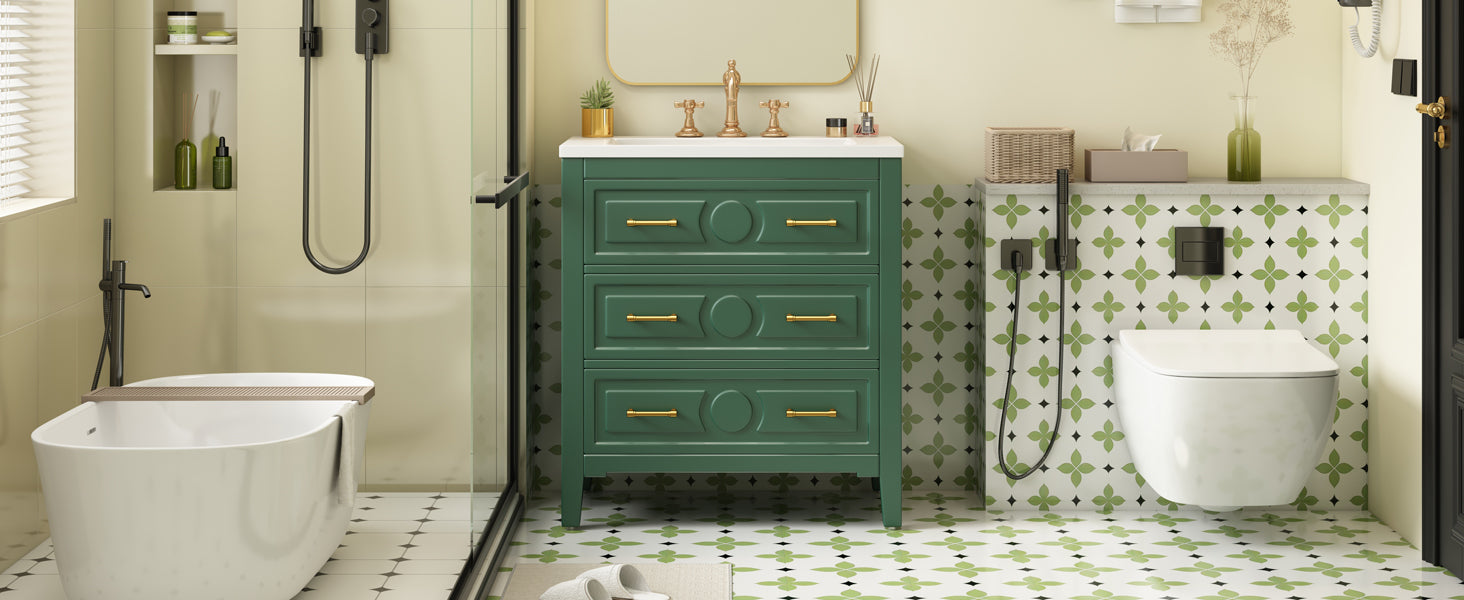 30'' Bathroom Vanity With Resin Sink Combo, Free Standing Single Vanity Set With 3 Drawers, Solid Wood Frame Bathroom Storage Cabinet, Green 3 Green Bathroom Freestanding Solid Wood Mdf Resin Painted