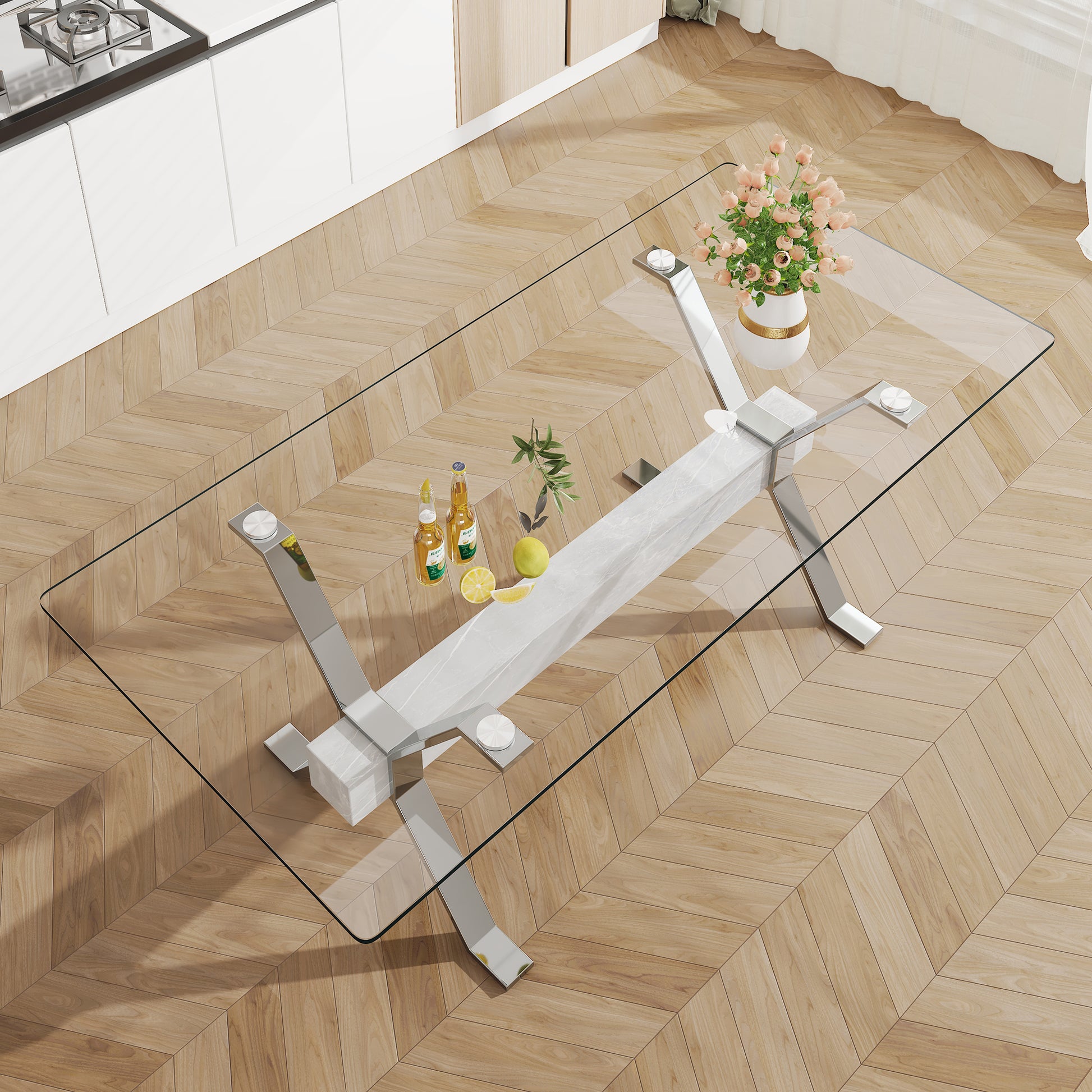 Dining Table. Modern Tempered Glass Dining Table. Large Modern Office Desk With Silver Plated Metal Legs And Mdf Crossbars, Suitable For Both Home And Office Use. Kitchen. 71 ''X35.4''X30 '' 1105 Transparent Glass