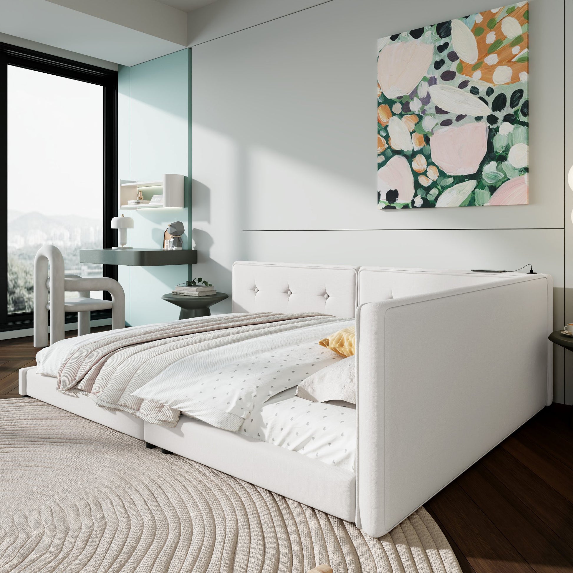 Upholstered Full Size Platform Bed With Usb Ports, Beige Full Beige Linen