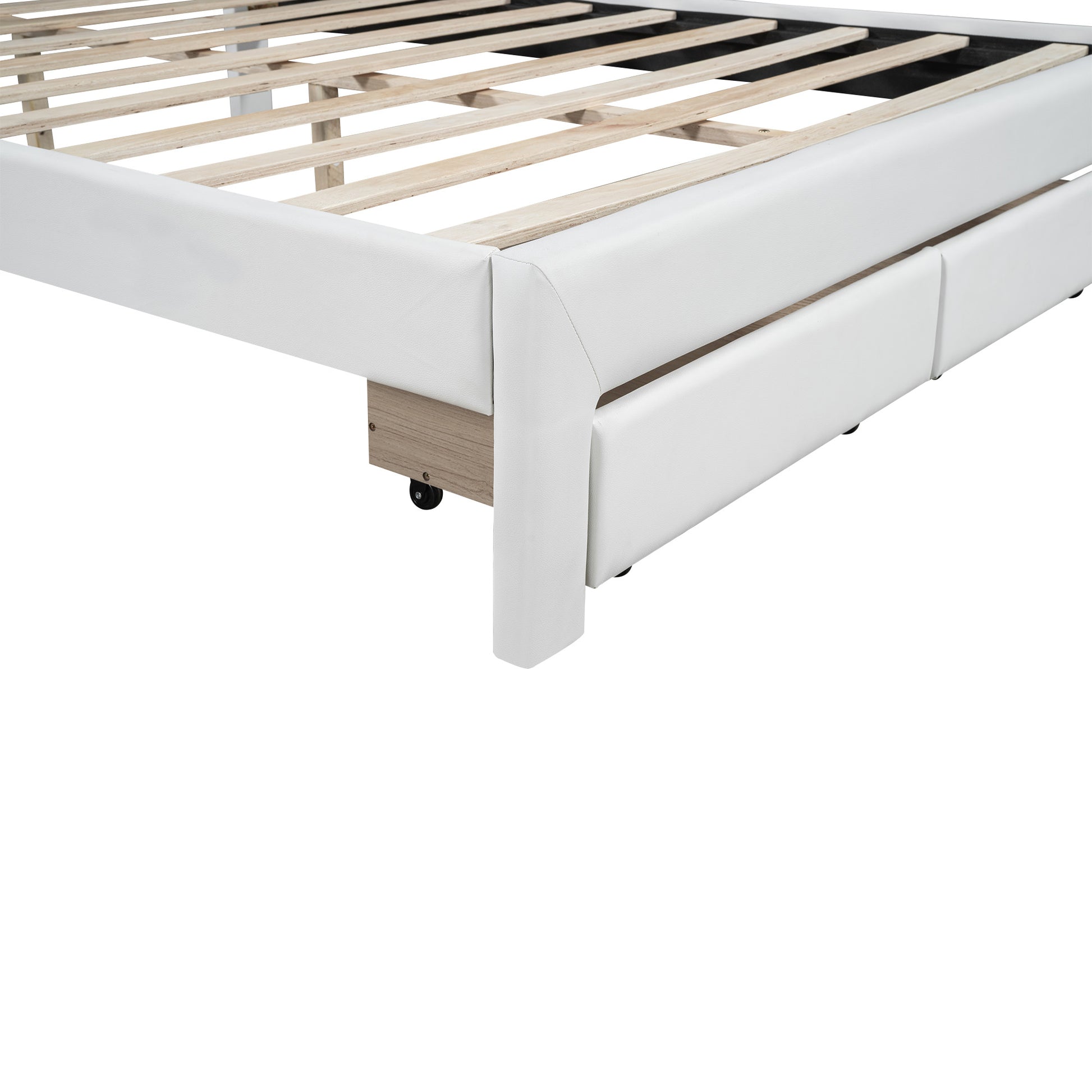 Queen Size Upholstered Platform Bed With Tufted Headboard, Led And 2 Drawers, White Box Spring Not Required Queen White Wood Bathroom Bed Frame Faux Leather Upholstered