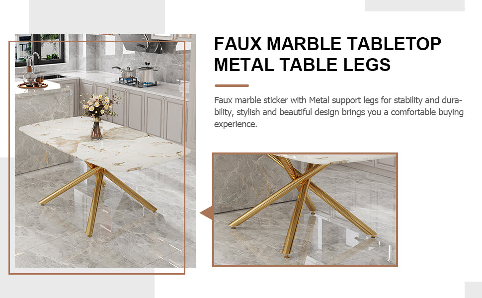 Table And Chair Set.Modern Luxurious Tempered Glass Dining Table Set With Gold Metal Legs And 8 Pu Chairs.White Marble Patterned Sticker Tabletop,White Chairs With Gold Metal Legs. White Gold Seats