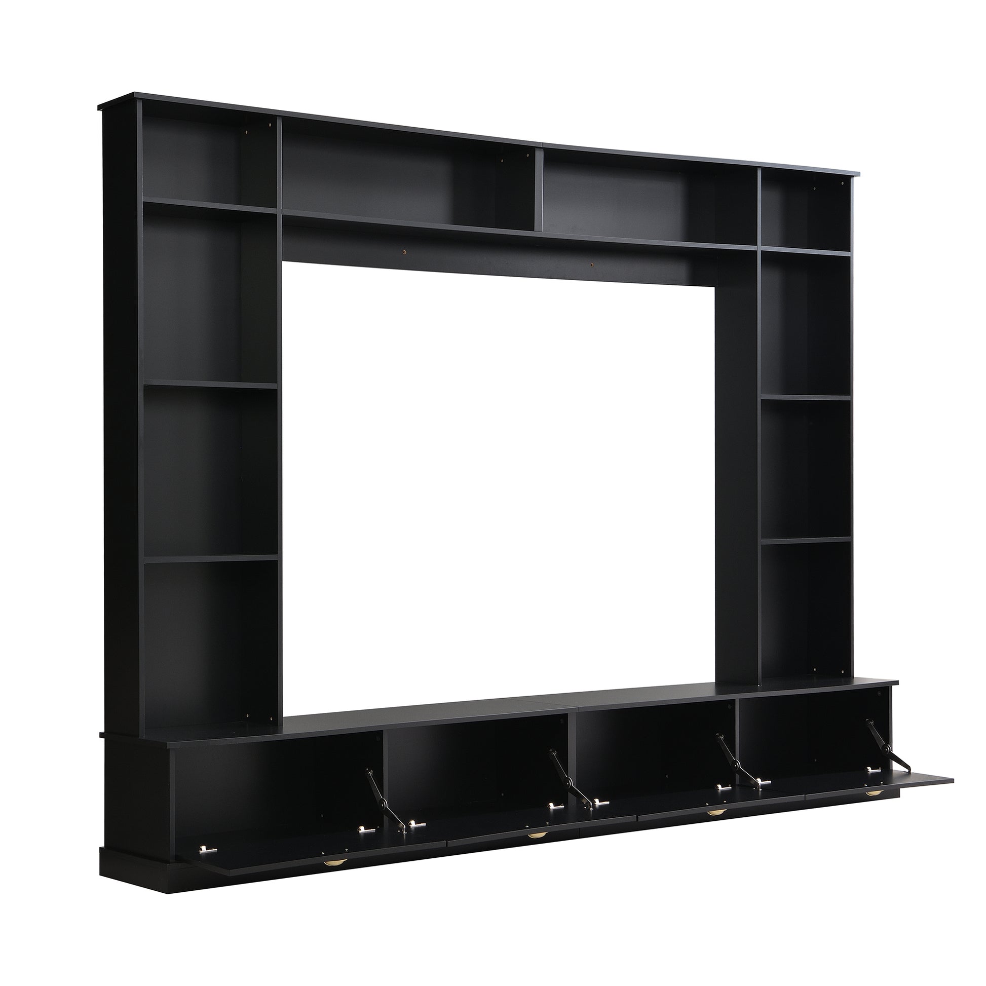 Large Wall Unit Entertainment Center With Bookshelves For Tvs Up To 78'', Modern Tv Console With Cabinets And Open Shelves, 4 In 1 Tv Stand With Golden Handles, Black, 104.2''W*81.2''H Black 70 79 Inches Mdf