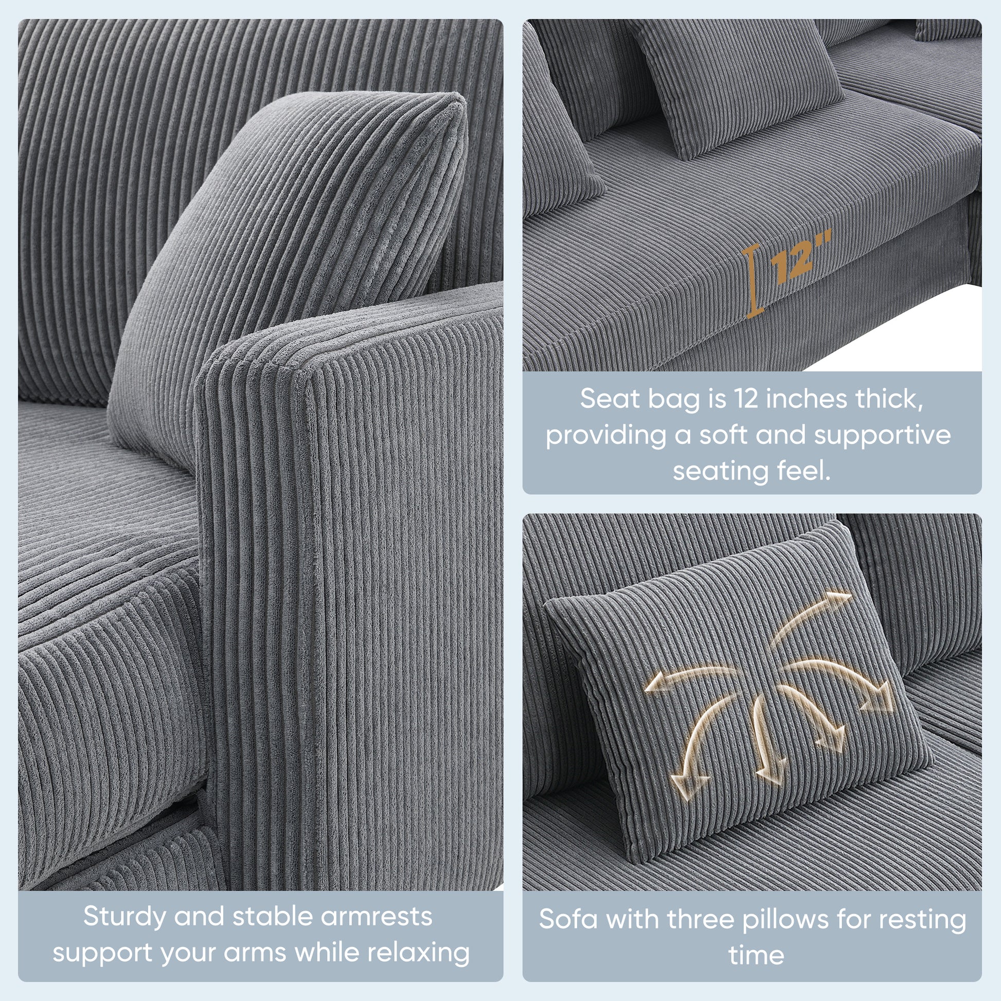 87*61"Modern L Shaped Corduroy Sofa With Reversible Chaise,4 Seat Upholstered Sectional Indoor Furniture,Convertible Sleeper Couch With Pillows For Living Room,Apartment,3 Colors Gray Corduroy 4 Seat