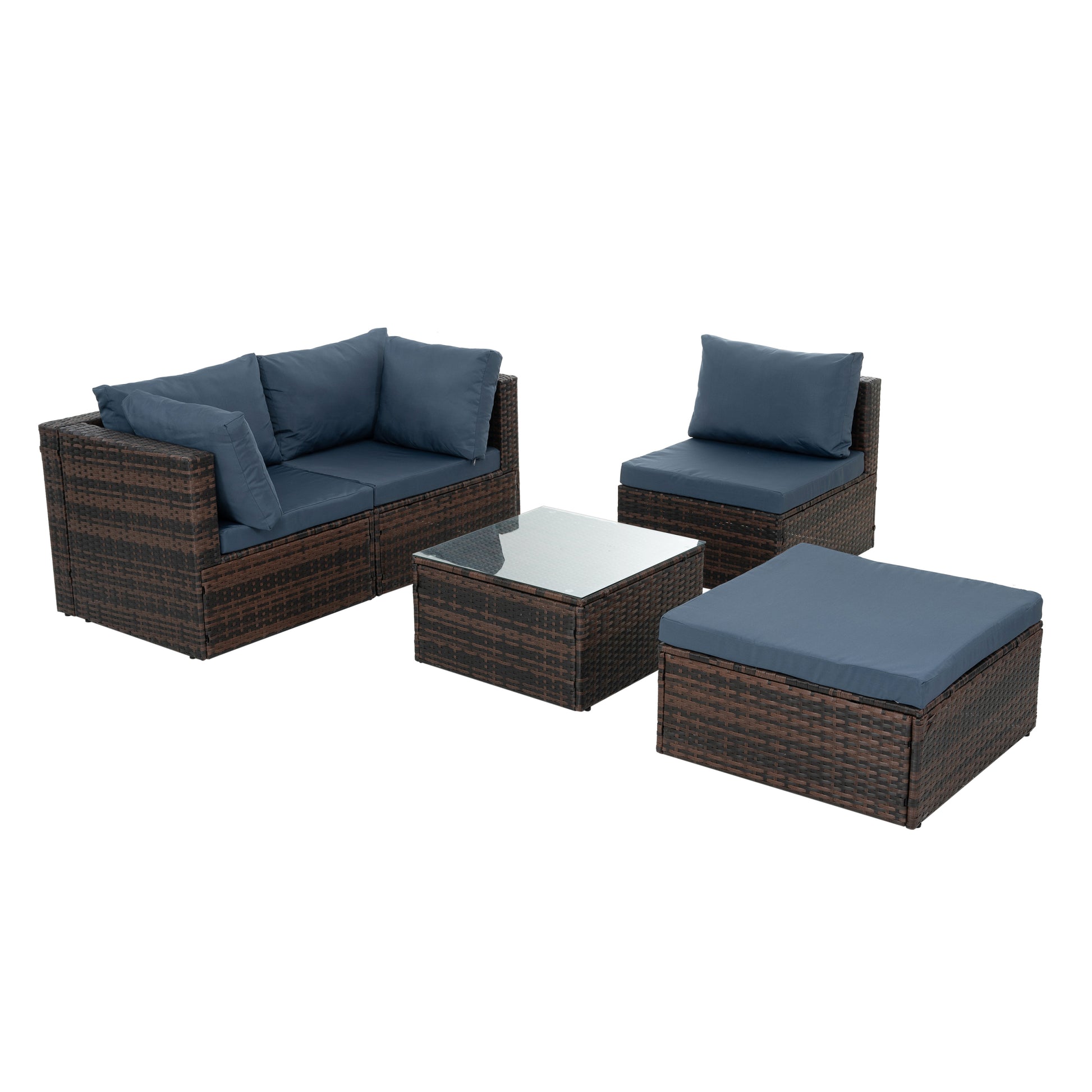 Patio Furniture, Outdoor Furniture, Seasonal Pe Wicker Furniture, 5 Set Wicker Furniture With Tempered Glass Coffee Table Brown Seats 4 Pe Rattan Iron Waterproof Fabric