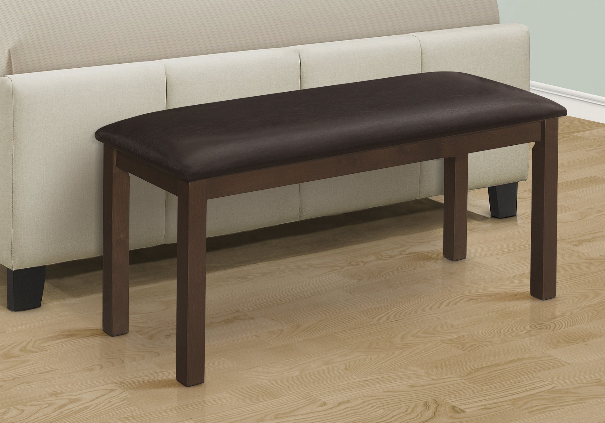 Bench, 42" Rectangular, Wood, Upholstered, Dining Room, Kitchen, Entryway, Brown, Transitional Brown Foam Faux Leather