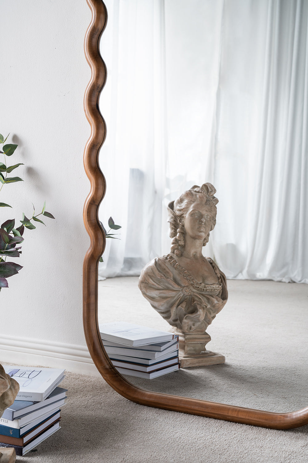 31.4X1.4X74" Oversized Wooden Floor Mirror With Unique Brown Frame Brown Pine