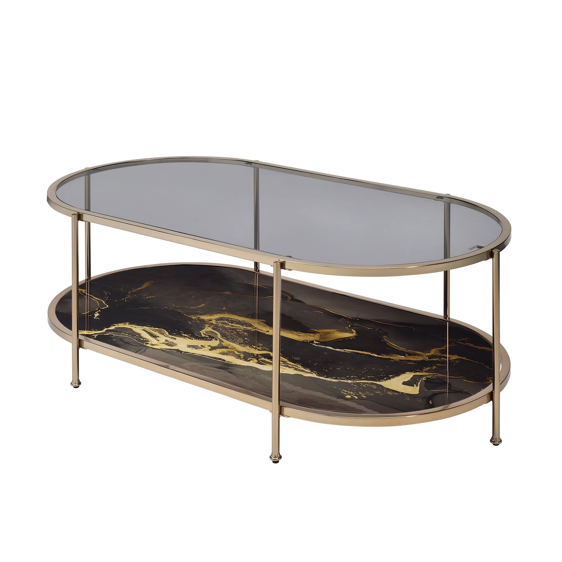 Fiorella Coffee Table, Glass, Black Marble Paint & Gold Finish Lv02222 Gold Metal