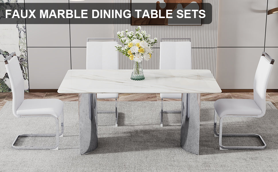 Modern Minimalist Dining Table. Imitation Marble Glass Sticker Desktop, Stainless Steel Legs, Stable And Beautiful. 4 White Pu Seats. 63 "* 35.4" * 29.5 "Dt 69 C 1162 Silver Glass