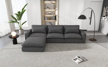 128" Sectional Sofa Cloud Sofa Chenille Upholstered Sofa Couch With Movable Ottoman, Comfortable Seat Cushions, Charging Ports And Three Back Pillows For Living Room, Grey Grey Foam Chenille 4 Seat