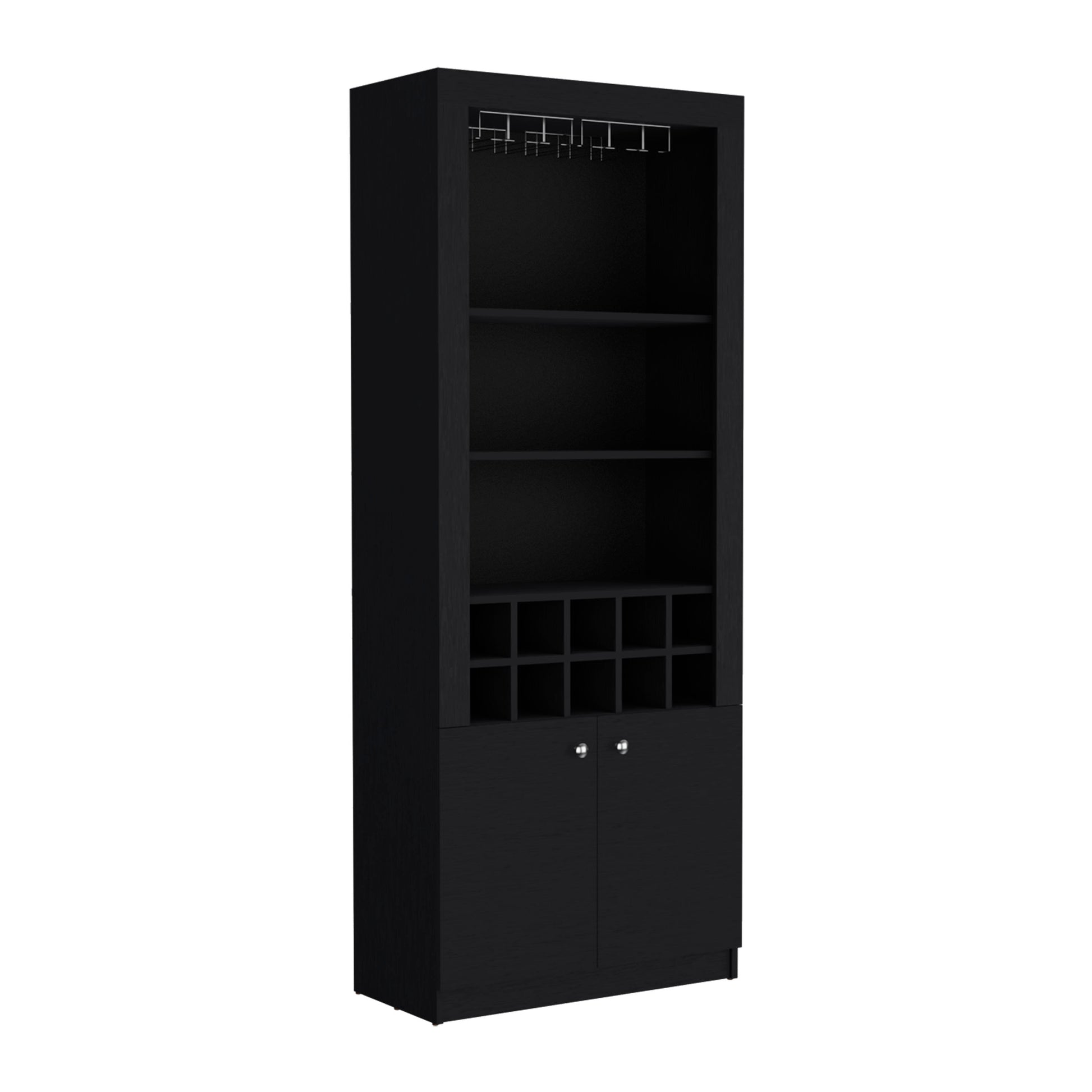 Cabinet 4 Tier, Glass Holder Stemware Rack, Wine Cabinet, Liquor Cabinet, 10 Bottle Cubbies, 4 Shelves, Black Black Solid Wood Mdf Engineered Wood