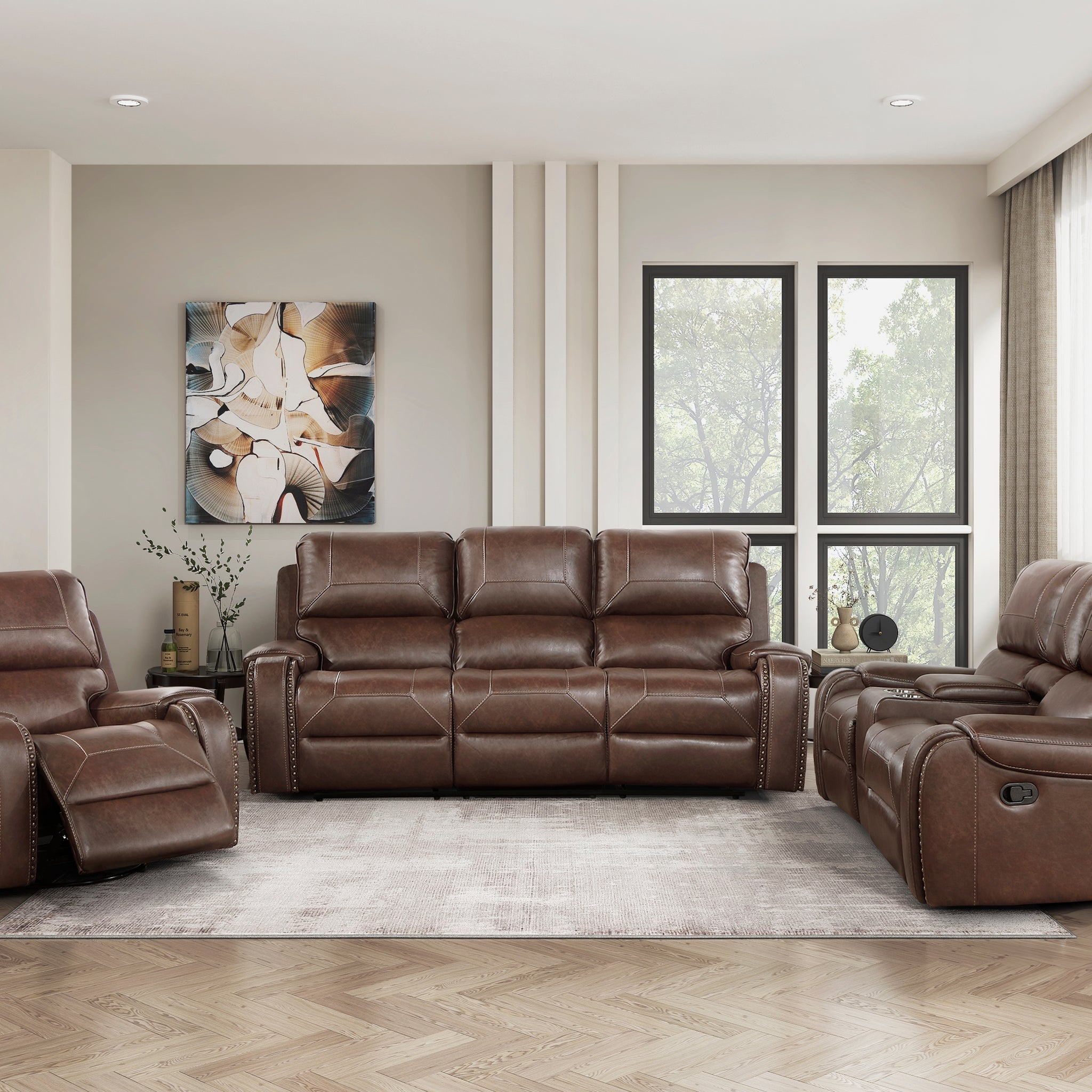 Comfortable Reclining Sofa 3Pc Set Brown Faux Leather Upholstered Reclining Sofa Loveseat Swivel Reclining Chair Trim, Power Usb Ports, Cupholders, Modern Living Room Furniture Brown Faux Leather Wood Primary Living Space Modern Plywood,Solid Wood 6 Seat