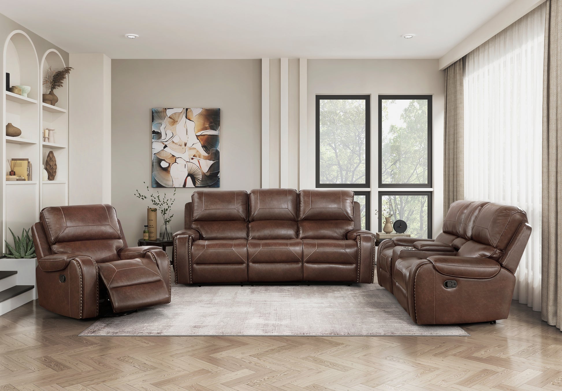 Comfortable Reclining Sofa 3Pc Set Brown Faux Leather Upholstered Reclining Sofa Loveseat Swivel Reclining Chair Trim, Power Usb Ports, Cupholders, Modern Living Room Furniture Brown Faux Leather Wood Primary Living Space Modern Plywood,Solid Wood 6 Seat