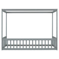 Twin Size Canopy Frame Floor Bed With Fence, Guardrails,Grey Twin Grey American Design Pine