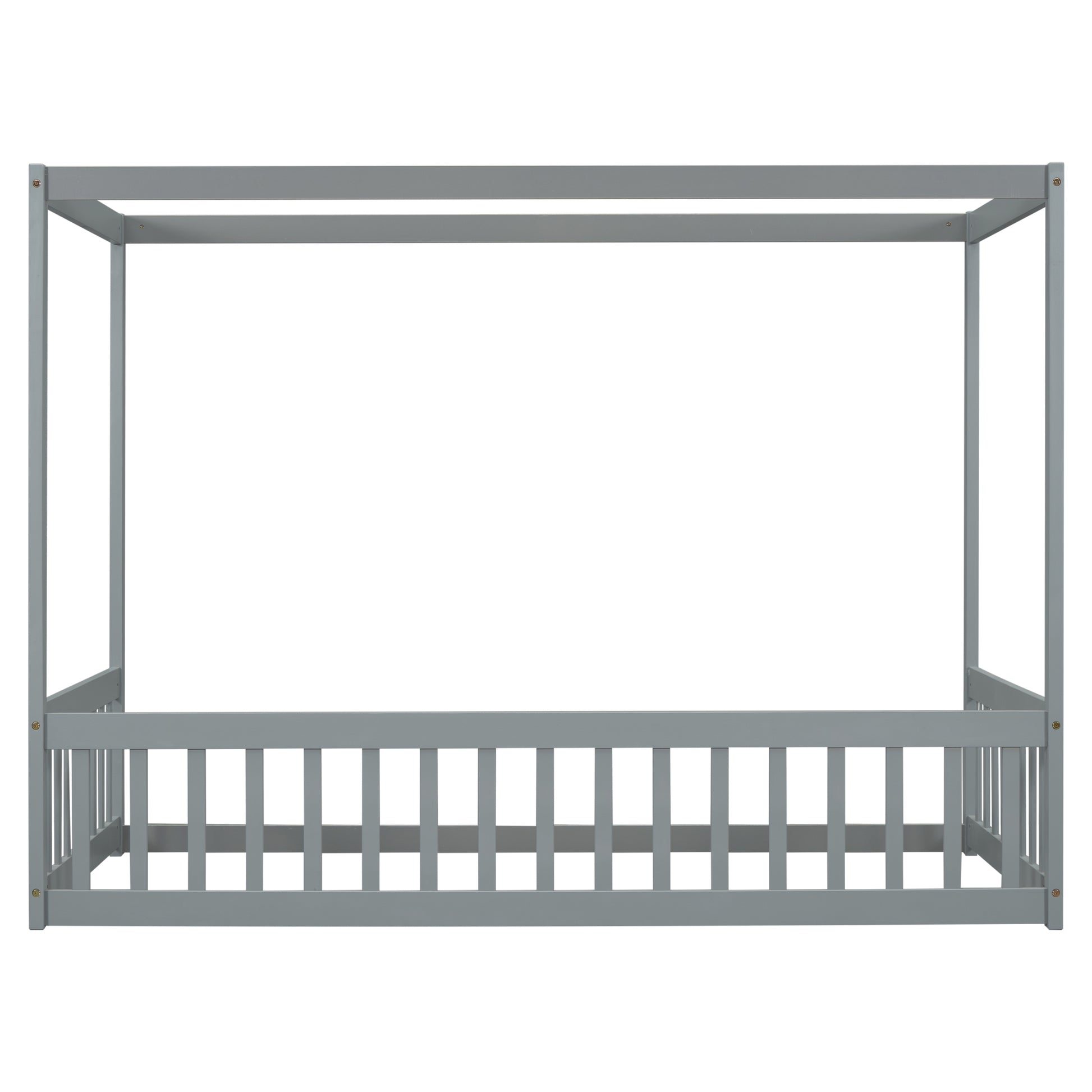 Twin Size Canopy Frame Floor Bed With Fence, Guardrails,Grey Twin Grey American Design Pine