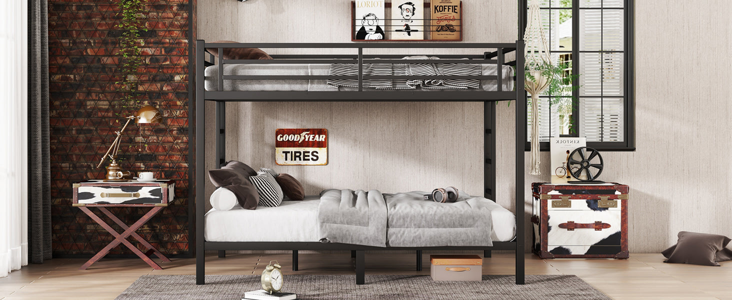 Metal Queen Over Queen Bunk Bed For Teens And Adults,Space Saving Noise Reduced No Box Spring Needed, Black Box Spring Not Required Queen Black Metal