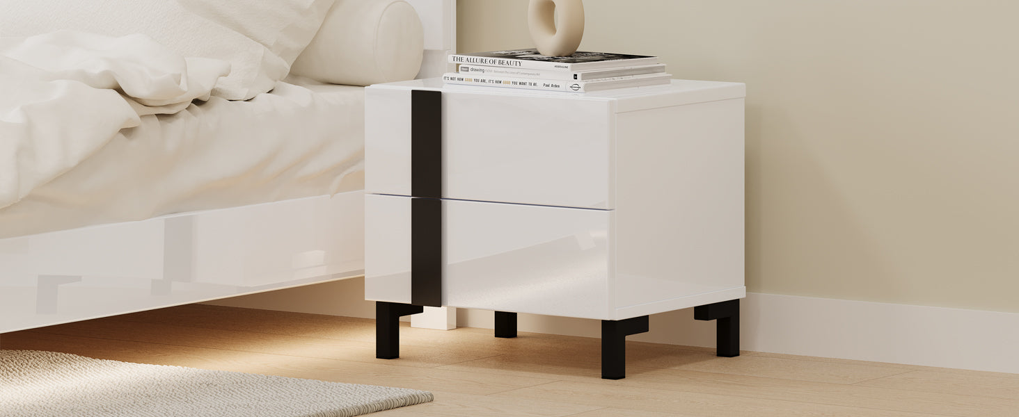 Modern High Gloss 3 Piece Bedroom Set Floating Bed Frame Queen Size Platform Bed With Led Light & 2 Nightstands, White Box Spring Not Required Queen White Wood 3 Piece Set Solid Wood Mdf