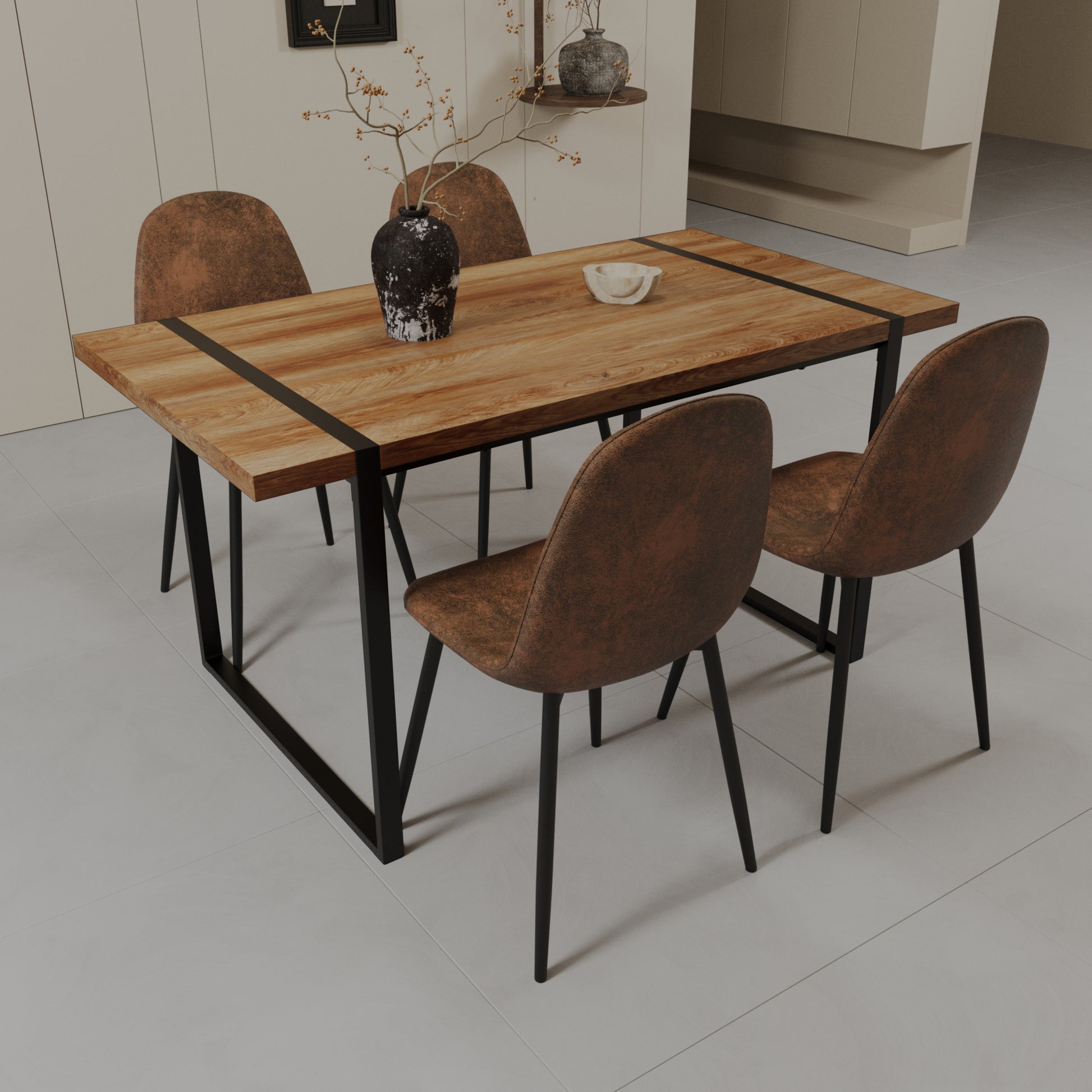 Mdf Natural Wood Dining Table And Modern Dining Chair Set Of 4 Pieces, Medieval Wooden Kitchen Dining Table Set, Black Rectangular Metal Base, Dining Table And Suede Chair Set Wood Mdf