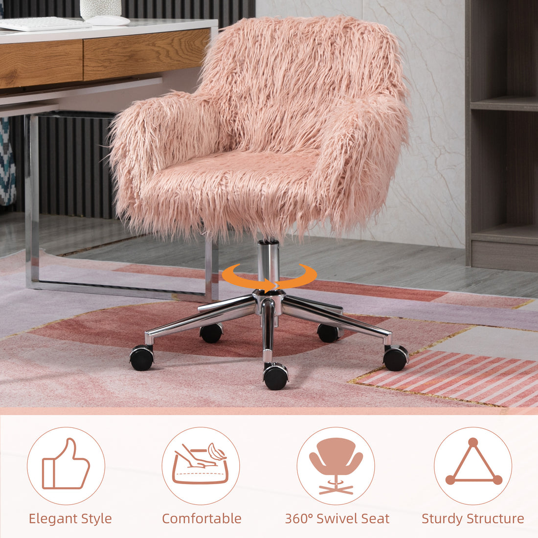 Vinsetto Faux Fur Desk Chair, Swivel Vanity Chair With Adjustable Height And Wheels For Office, Bedroom, Pink Pink Metal