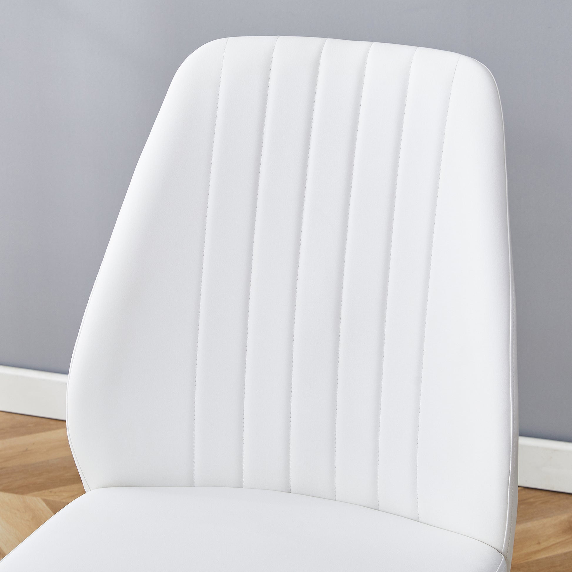 Set Of Four White Pu Comfort Dining Chairs 17.7"X25" .Dining Chair With Extended Backrest,White Pu,Silver Metal Legs,Suitable For Various Places Such As Family Restaurants, Hotels, Coffee Shops,Etc.