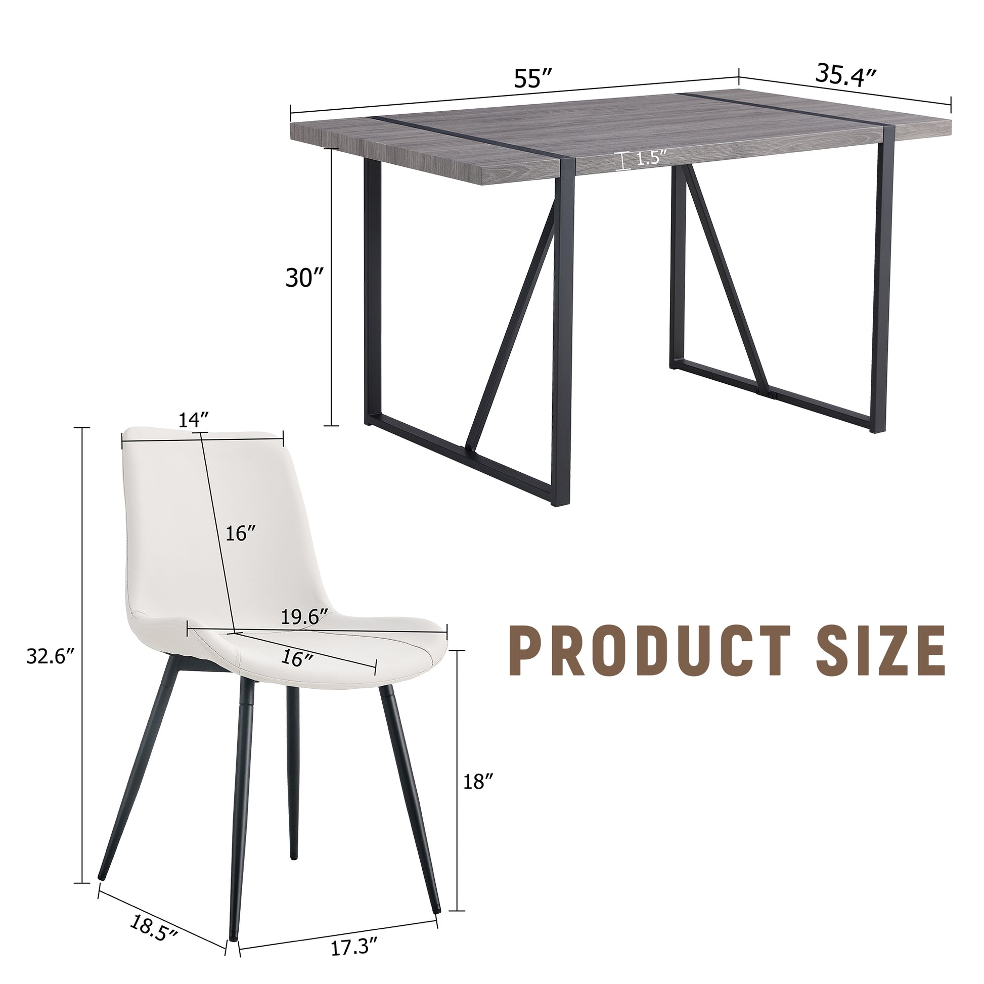 Table And Chair Set, Textured Top In Vintage Retro Grey Wood Grain Desktop, Black Metal Legs. Dining Chair With White Faux Leather Backrest Cushion With Black Metal Legs. Gray,Wood Seats 6 Mdf Metal