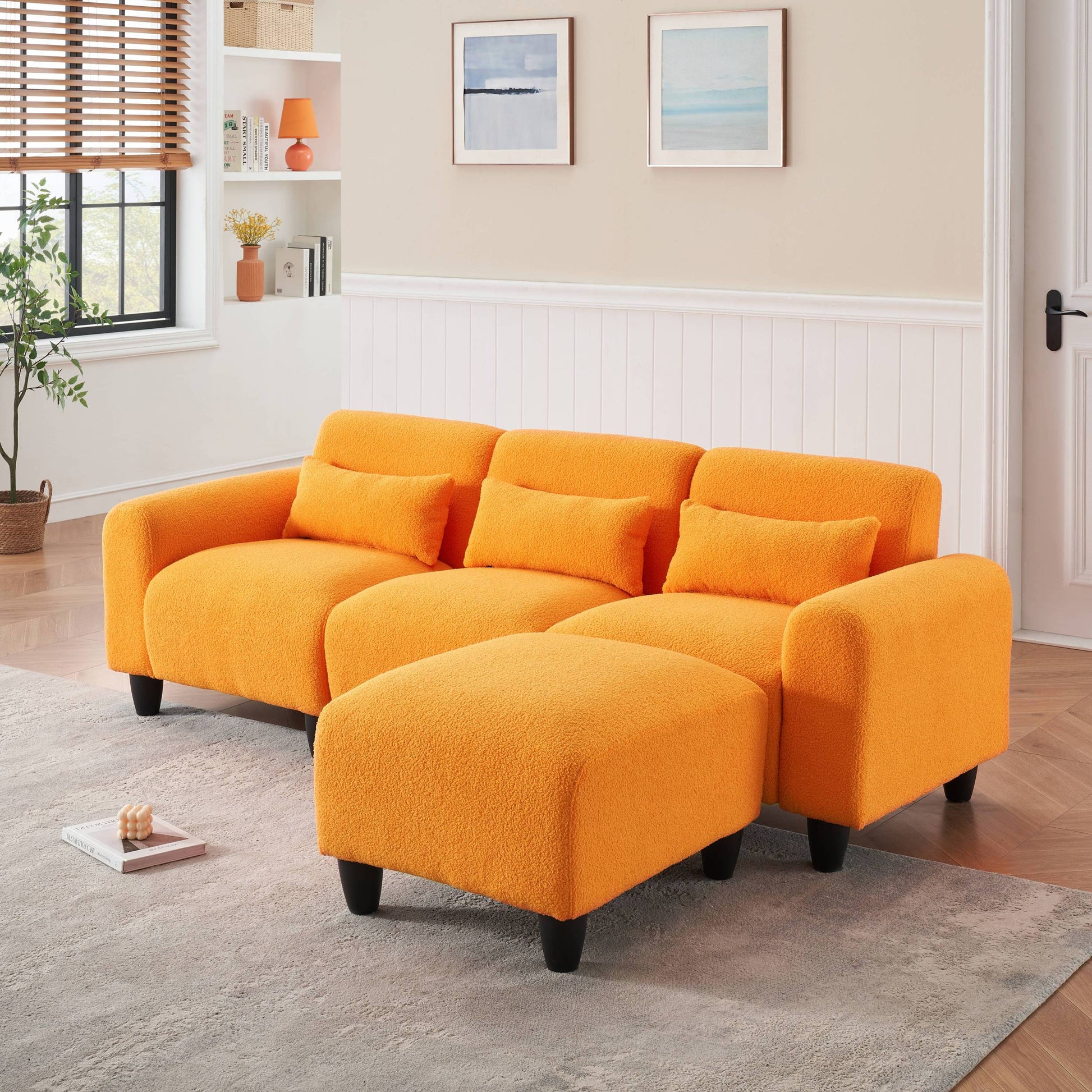 The 84.6 Inch Orange Teddy Fleece Creative Sofa Can Be Assembled Into A Two Seater Sofa With A Single Couch With Three Waist Pillows To Perfectly Stretch Your Waist For Small Apartment Bedroom Spaces Orange Polyester Blend 4 Seat