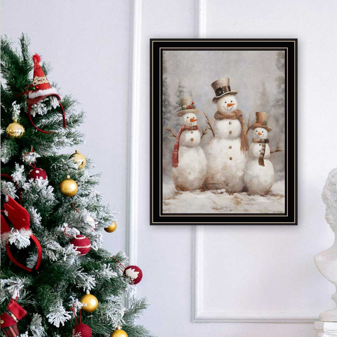 Three Snowman Pals Black Framed Wall Art For Living Room, Holiday Wall Art Print For Home Decor, Bedroom Wall Art By Jo Moulton Multicolor Wood Paper