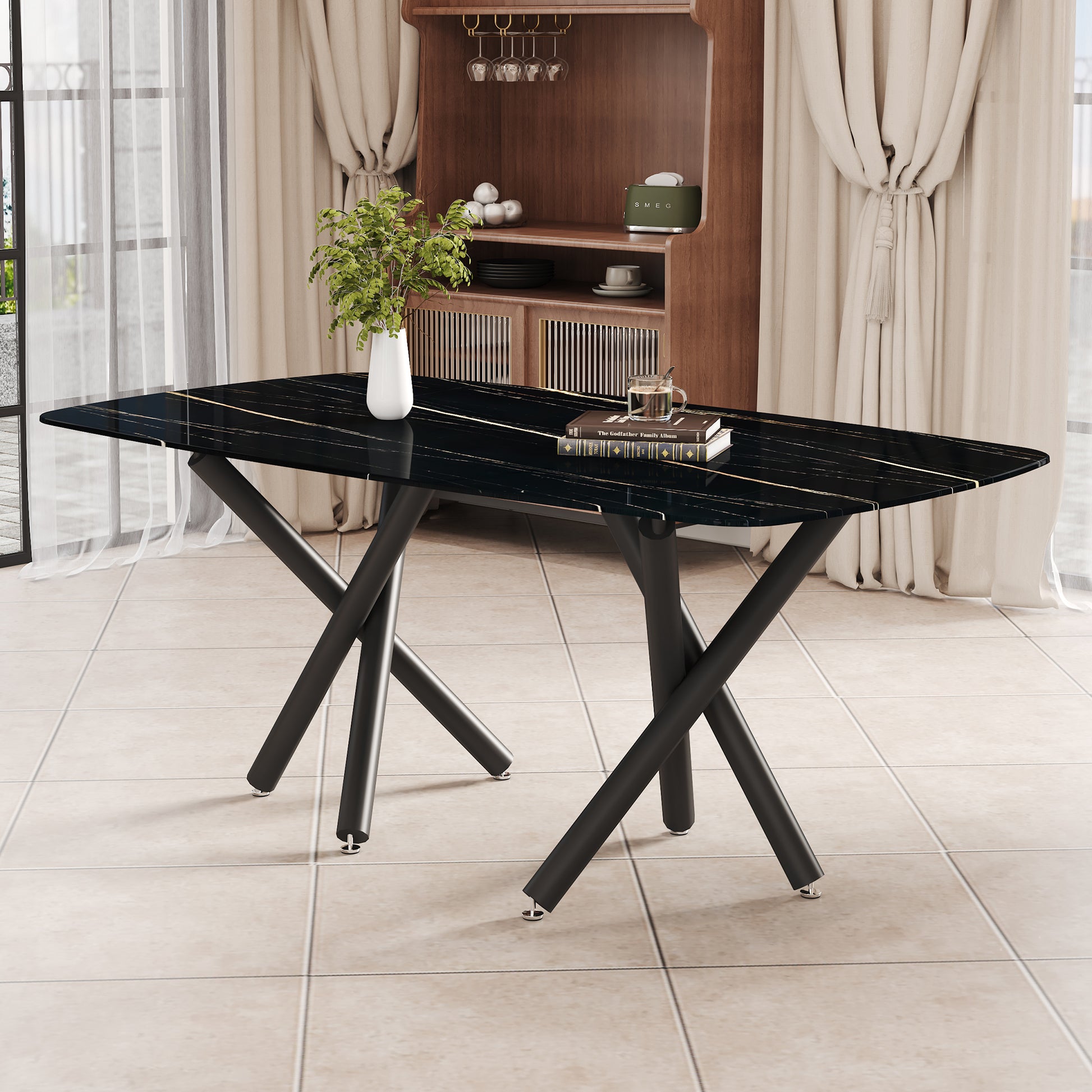 Large Modern Minimalist Rectangular Dining Table With 0.39 "Imitation Marble Black Tabletop And Black Metal Legs, Suitable For Kitchen, Dining Room, Living Room, Conference Room, And Banquet Hall