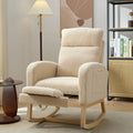 Modern Accent Rocking Chair Rocking Chair With Solid Wood Legs, Upholstered Nursery Glider Rocker, Comfy Armchair With Side Pocket, Living Room Lounge Arm Chair With High Backrest Teddy Beige Rubber