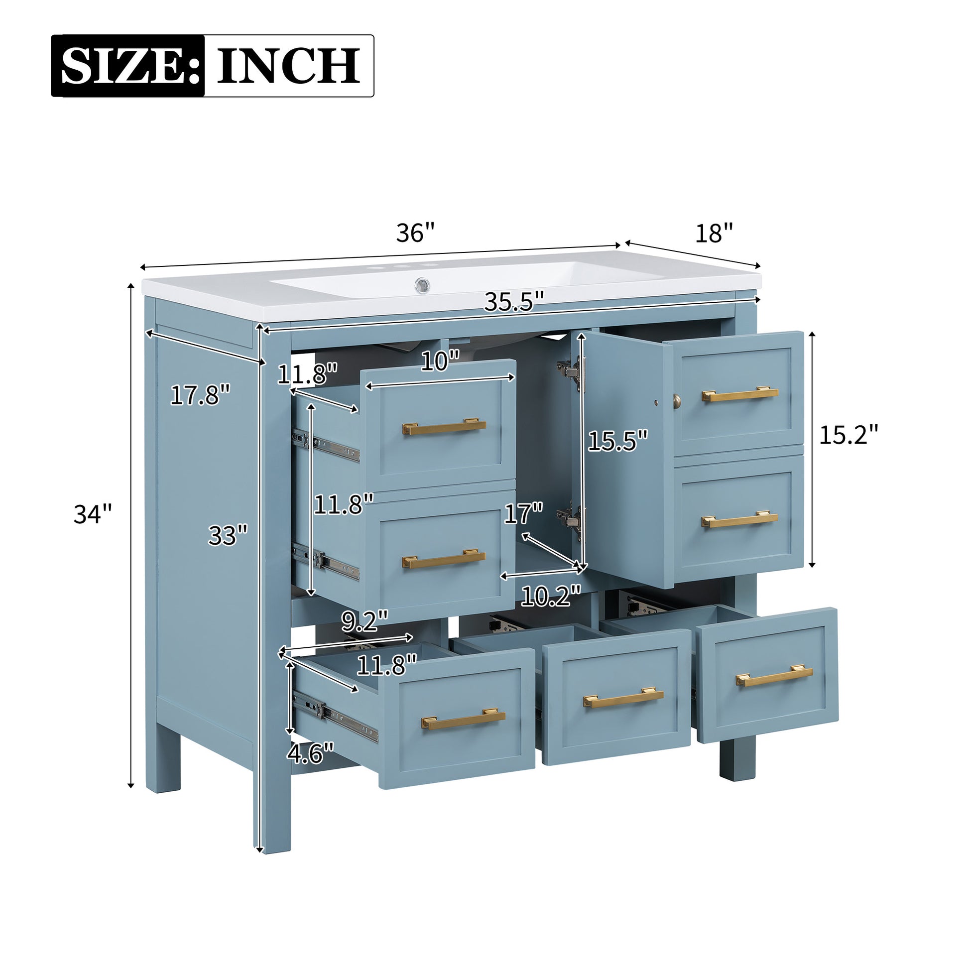 36'' Bathroom Vanity With Resin Sink Combo, Solid Wood Frame Bathroom Storage Cabinet, Freestanding Vanity Set With 5 Drawers& Soft Closing Doors Same As N710S136002M Blue Bathroom Solid Wood Mdf Resin