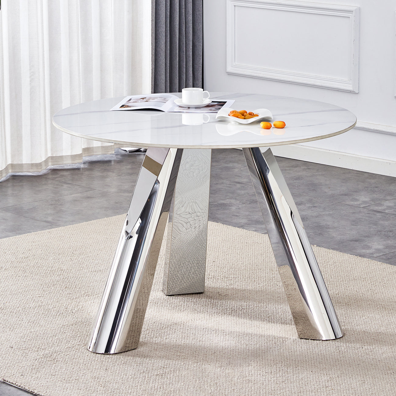 A 42 Inch Stainless Steel Leg Round Table With A Marble Top Is Suitable For Use By Four Or Six People Warm Grey,White Marble Metal,Sintered Stone