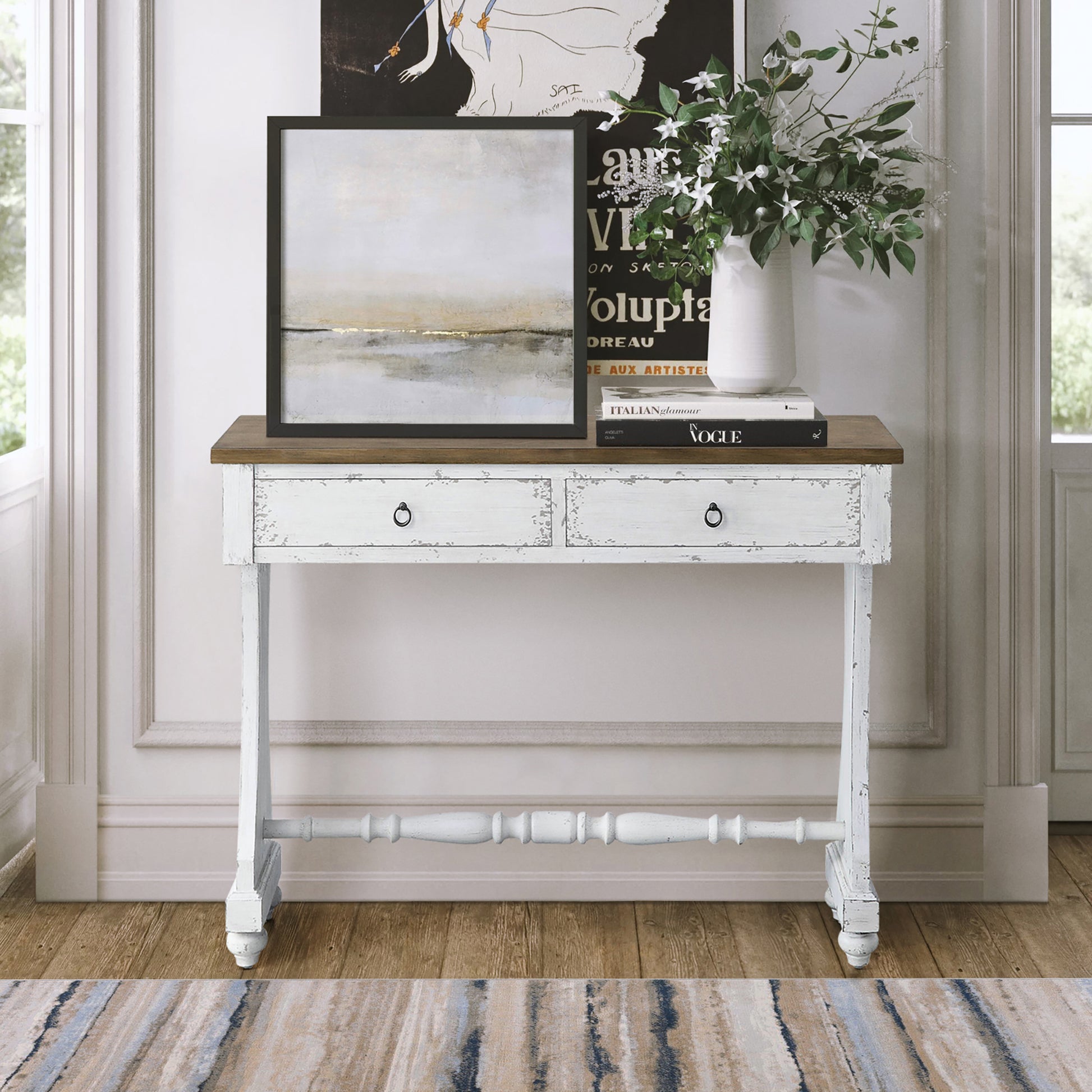Antique White 2 Drawer Console Table White Primary Living Space Rubberwood Drawers Rectangular Wood