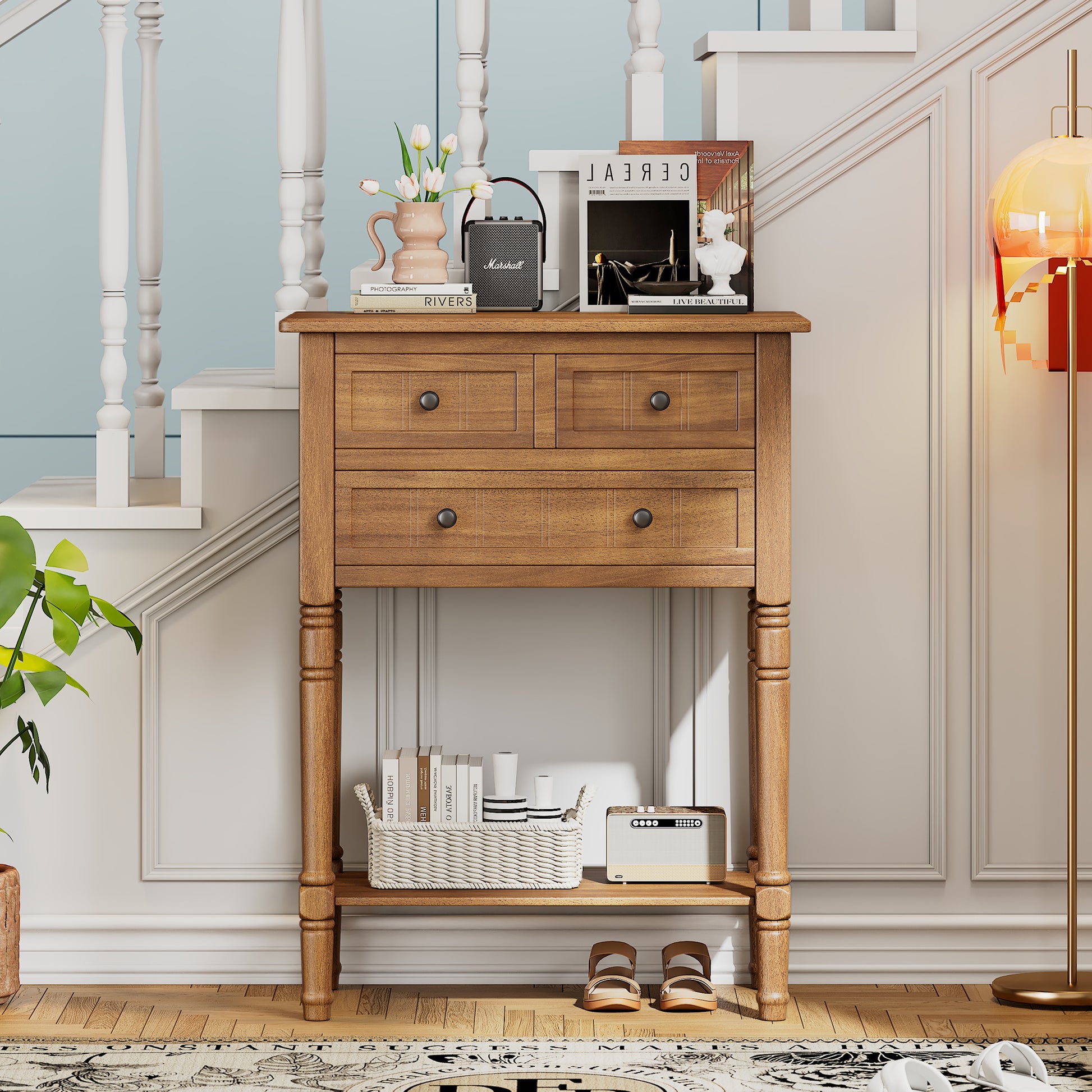 Narrow Console Table, Slim Sofa Table With Three Storage Drawers And Bottom Shelf Natural Natural Solid Wood Mdf